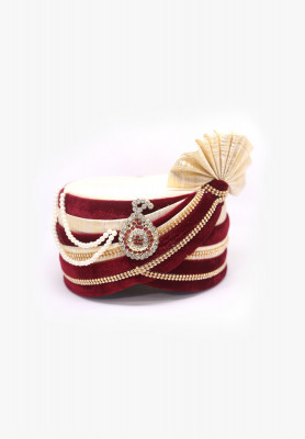 Maroon stone-lace-puti wedding pagri