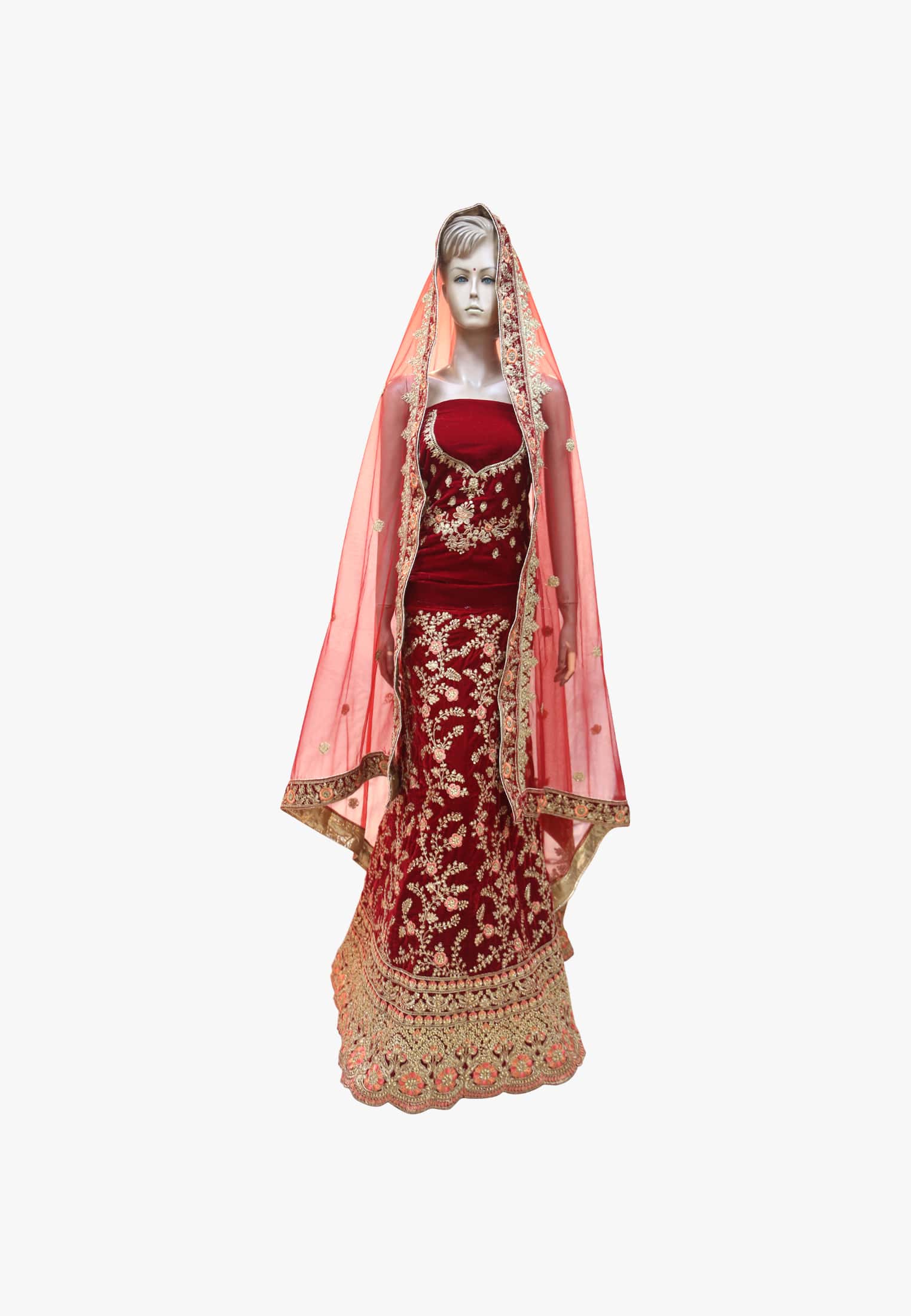 Maroon velvet stone work wedding lehenga