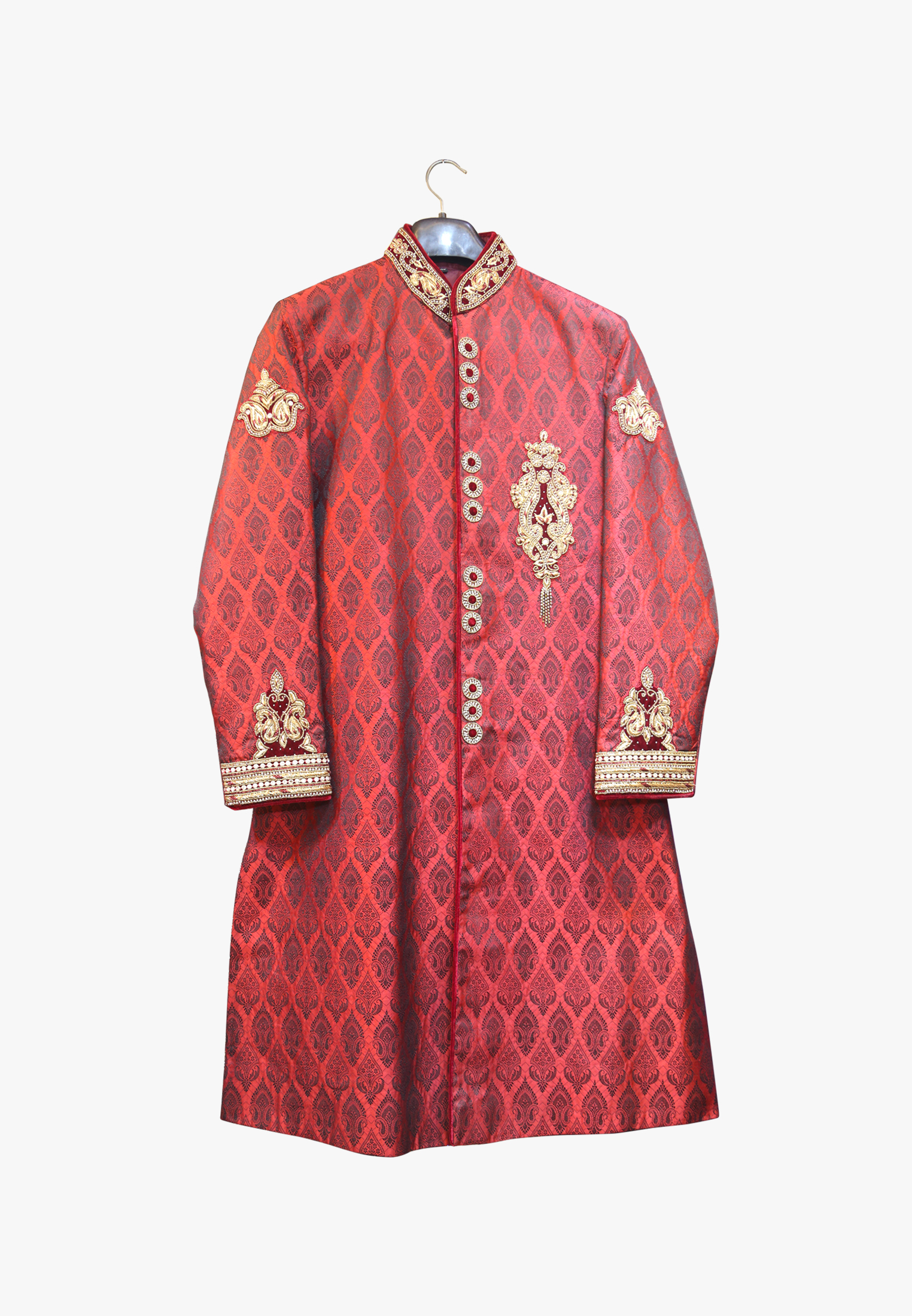 Maroon katan karchupi wedding sherwani