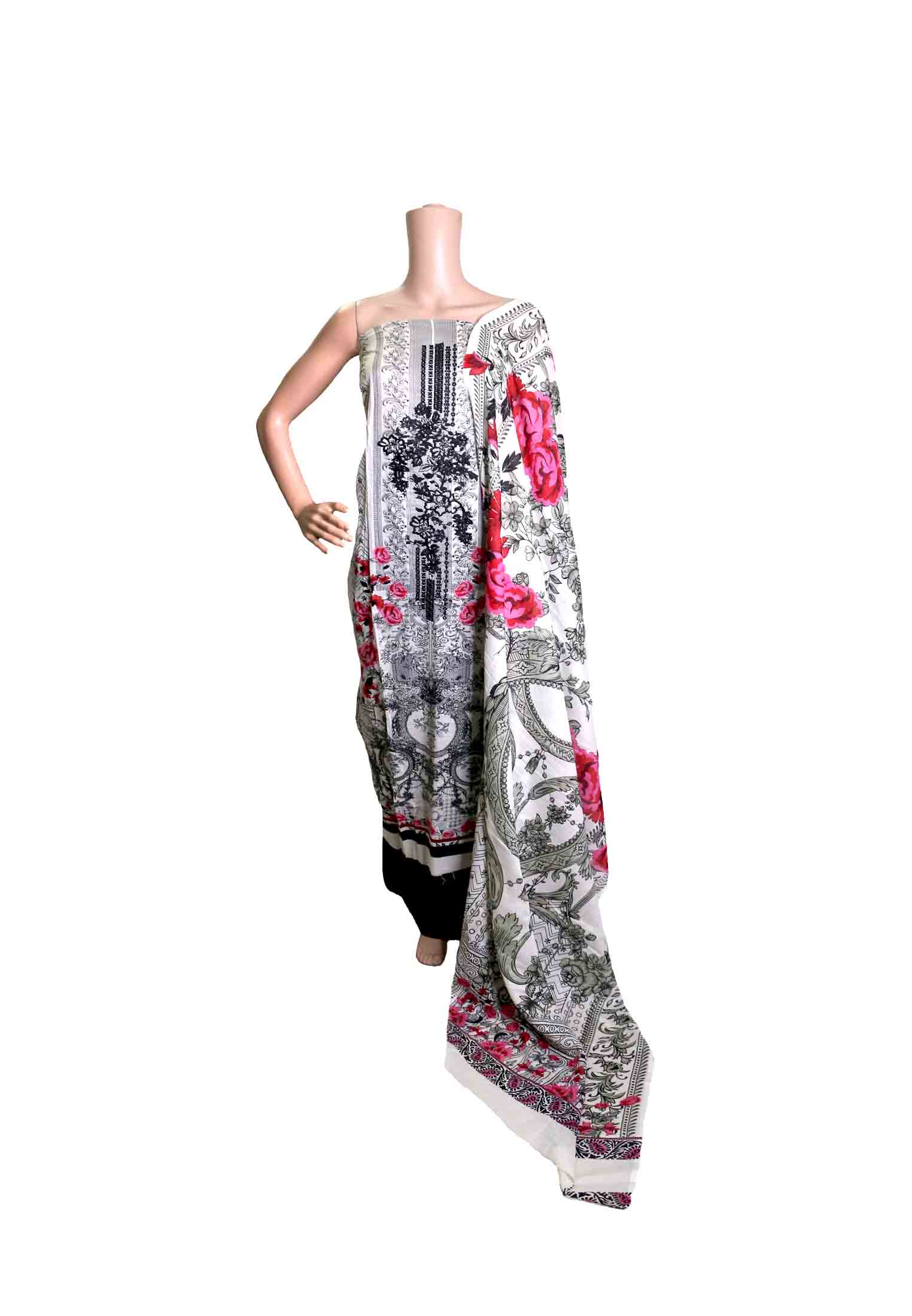 Black and white print embroidery three piece