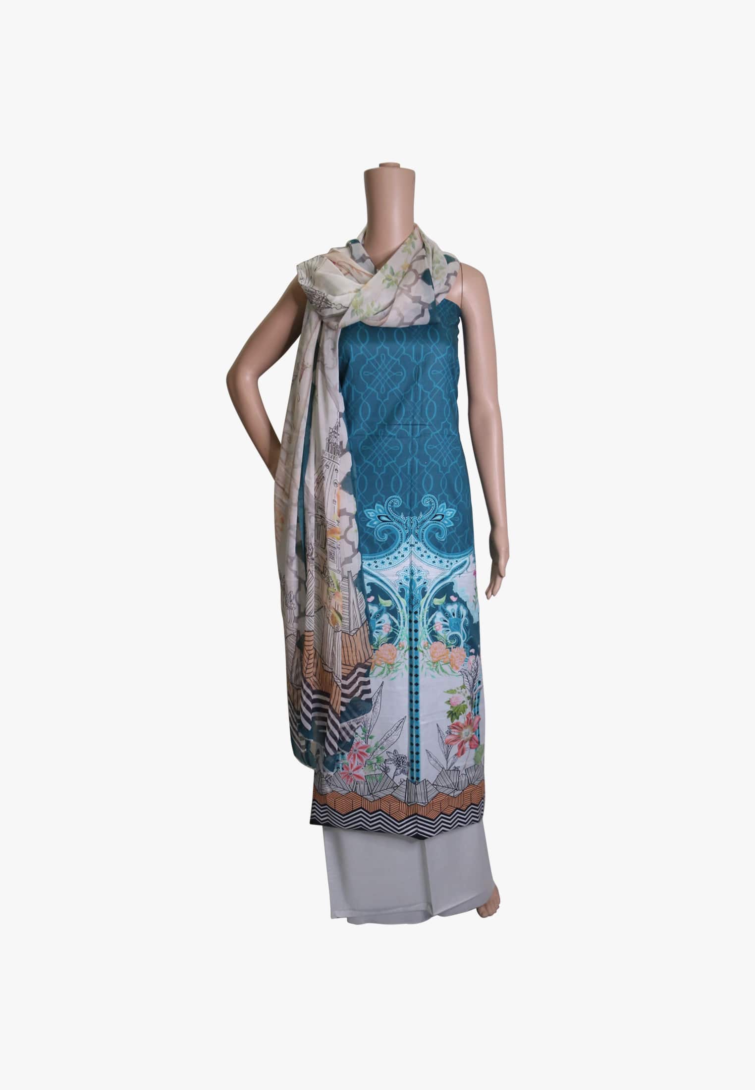 Dark firoza cambric cotton three piece