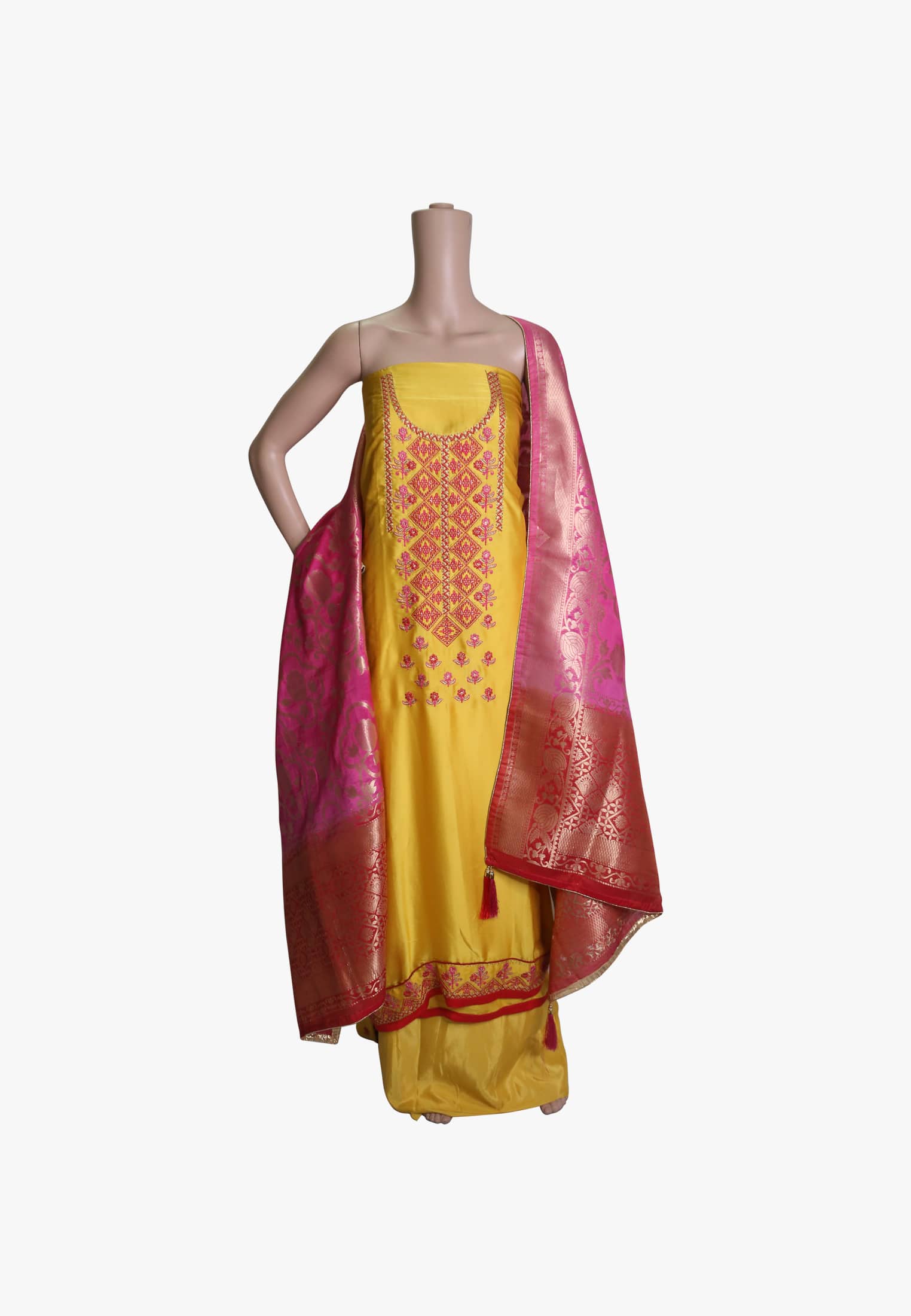 Yellow shamooz silk embroidery four piece