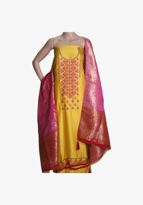Yellow shamooz silk embroidery four piece
