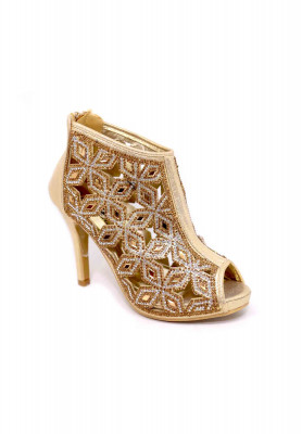 Golden artificial leather floral pencil heel