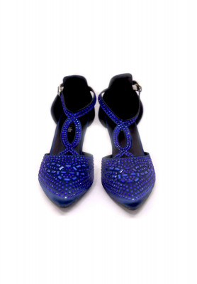 Blue-maroon-golden artificial leather stone pencil heel