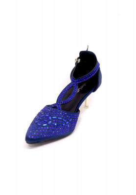 Blue-maroon-golden artificial leather stone pencil heel