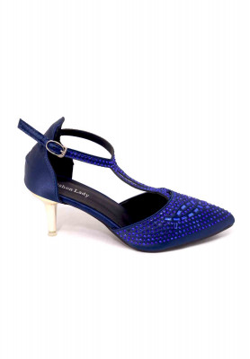 Blue-maroon-golden artificial leather stone pencil heel