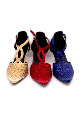 Blue-maroon-golden artificial leather stone pencil heel