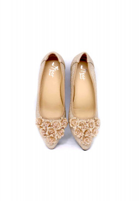 Golden artificial leather floral stone box heel