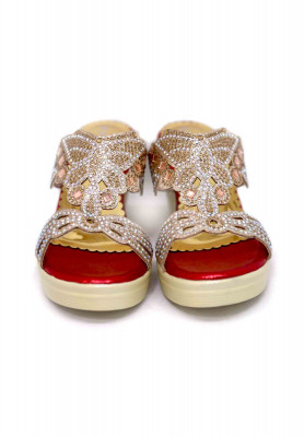 Red artificial leather stone boston heel