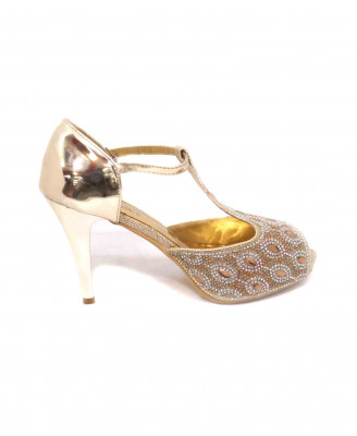 Golden-silver stone work pencil heel