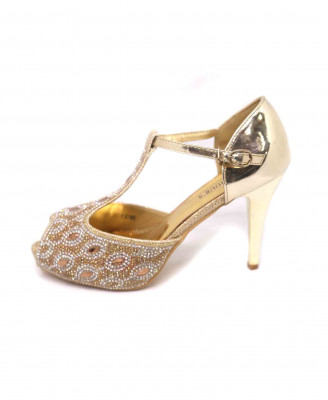 Golden-silver stone work pencil heel