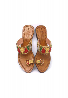 Golden leather karchupi kolapuri heel