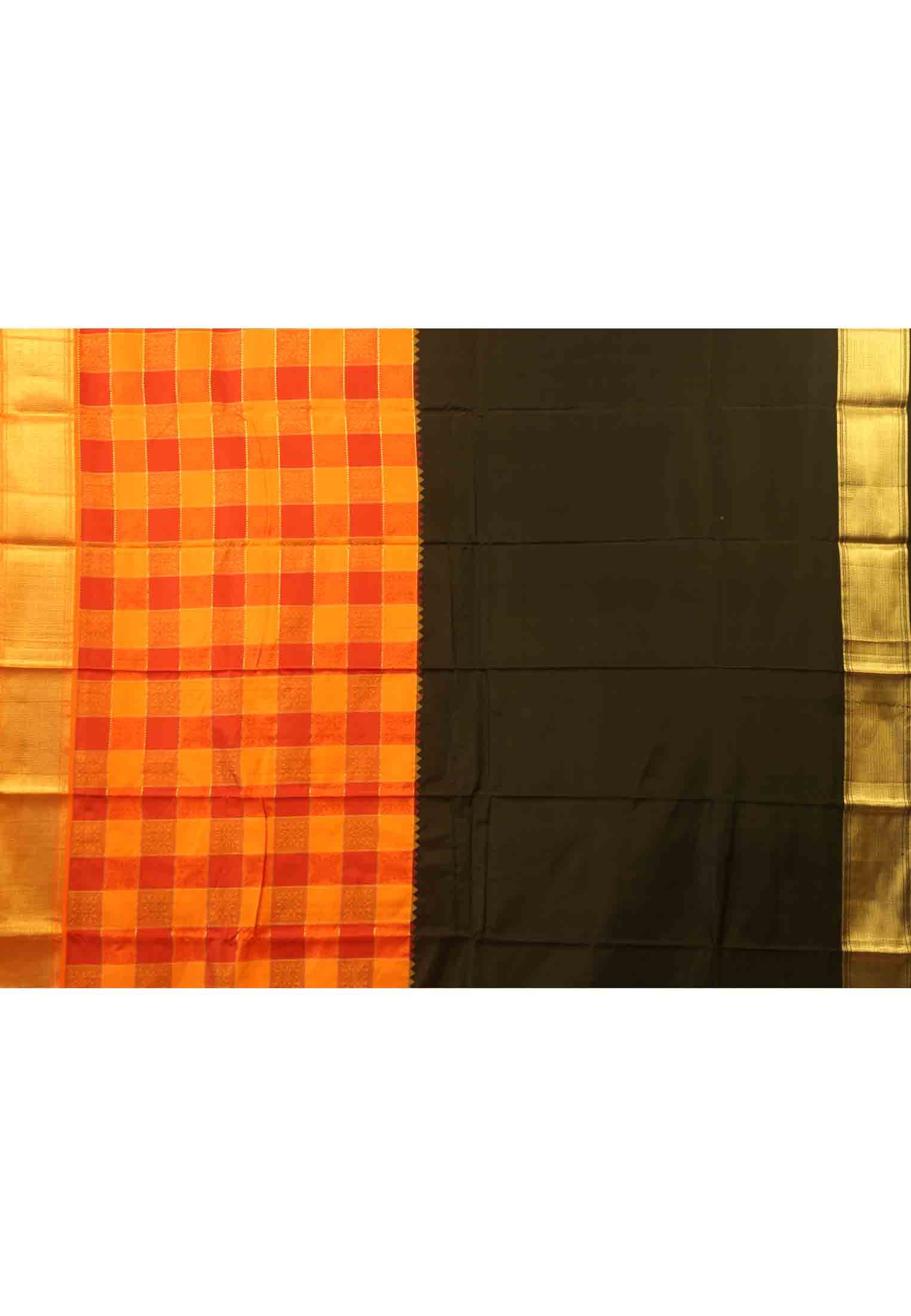 Katan black orange jori work party saree