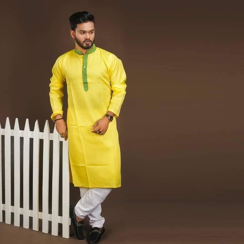 yellow Stylish semi long panjaby for men
