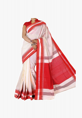 Red with off white color cotton silk Saree