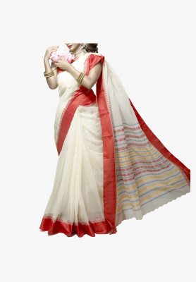 Red with off white color cotton silk Saree