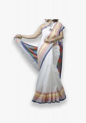 white with Multi-color cotton silk Saree