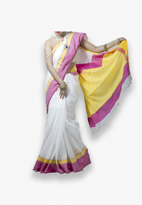 white with Multi-color cotton silk Saree