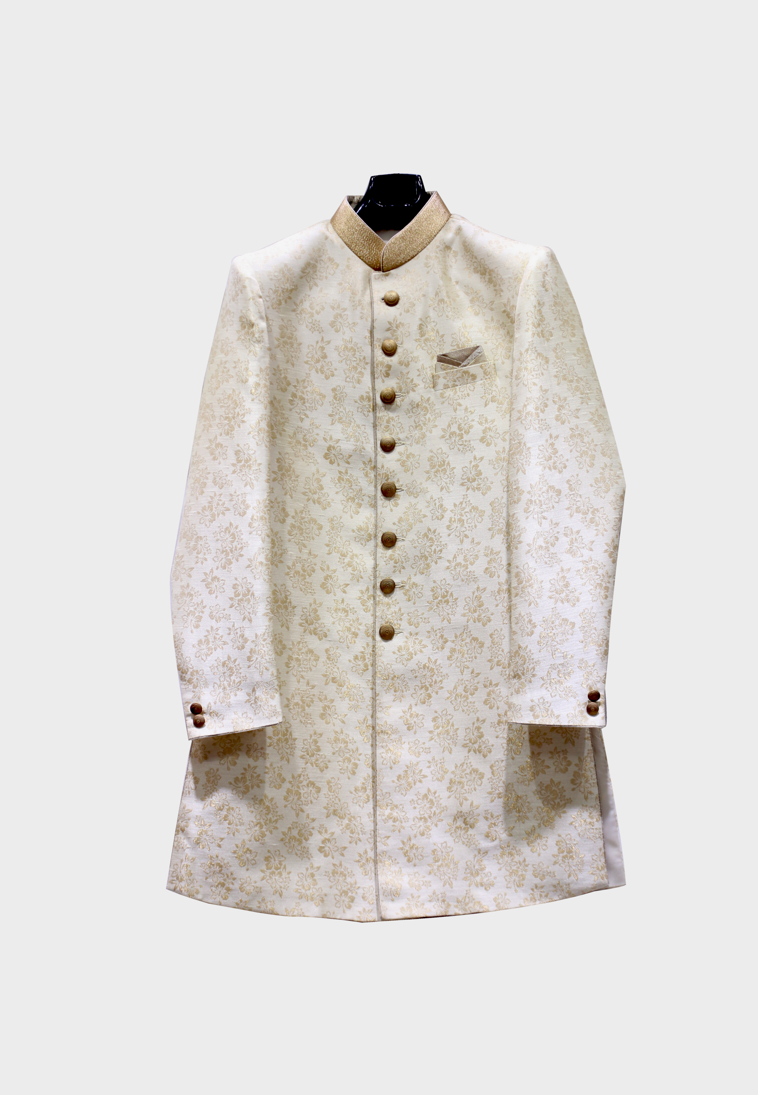 Katan silk print  short party sherwani 