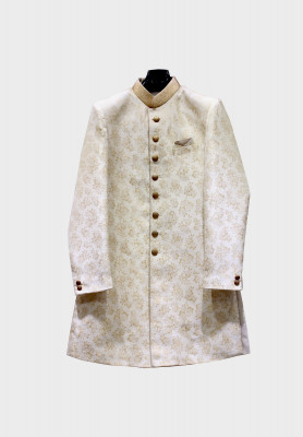 Katan silk print  short party sherwani 