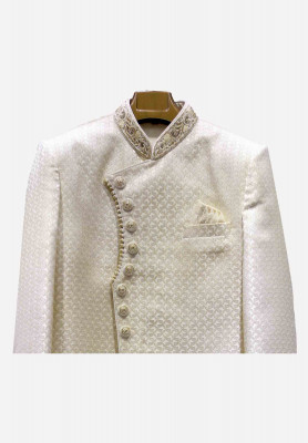 Katan silk print short sherwani